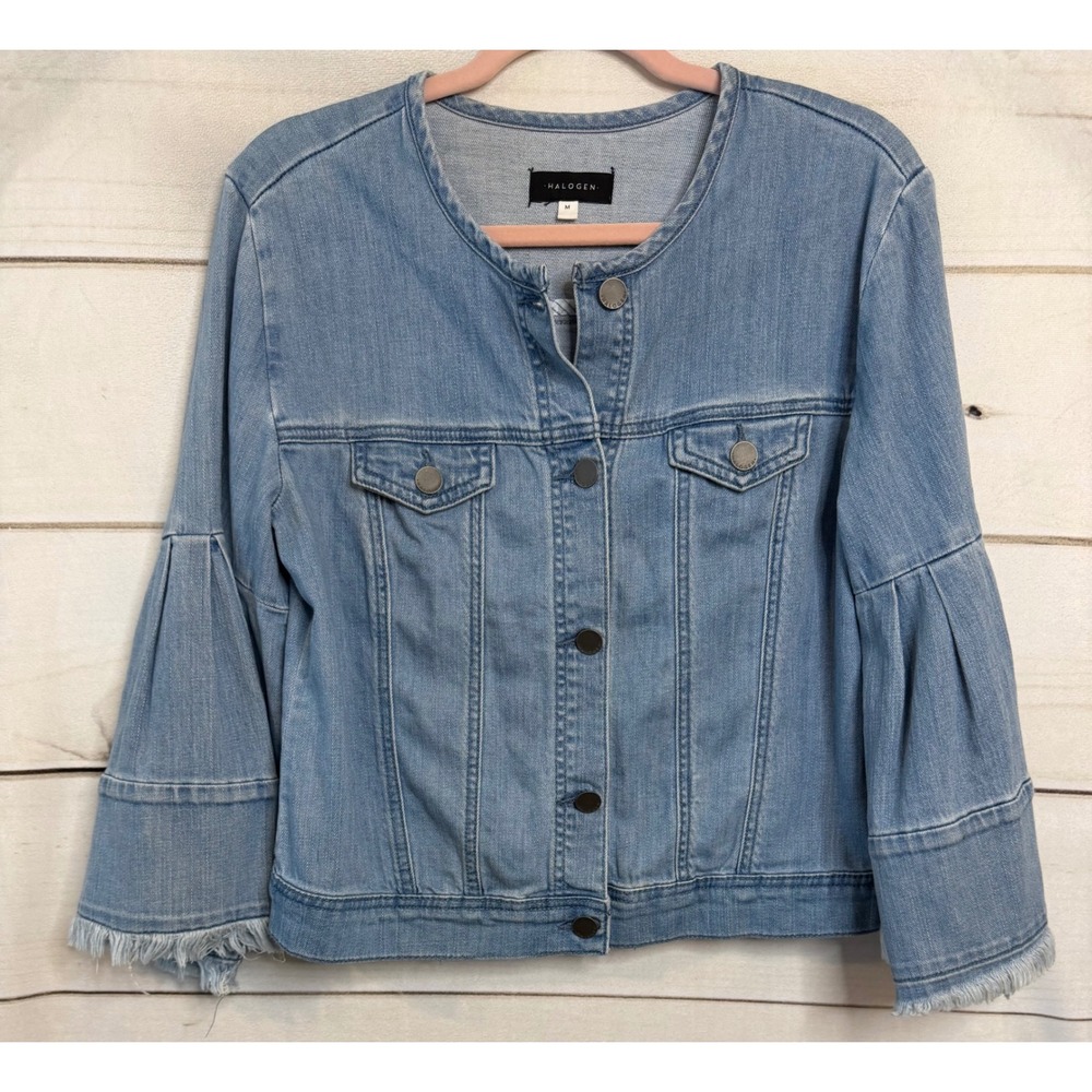Halogen Womens Light Wash Denim Jacket Tiered Bell Sleeve Collarless Blue Medium